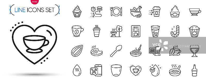 沙拉、葡萄酒杯和蛋糕线条图标组合图片素材