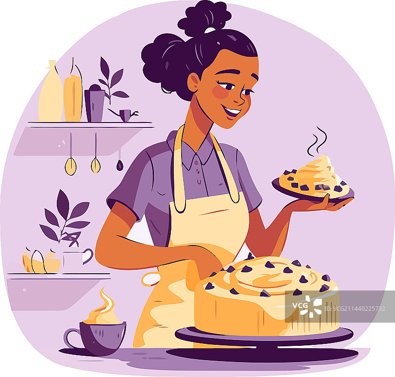 穿着围裙烘烤甜蛋糕的微笑女人图片素材