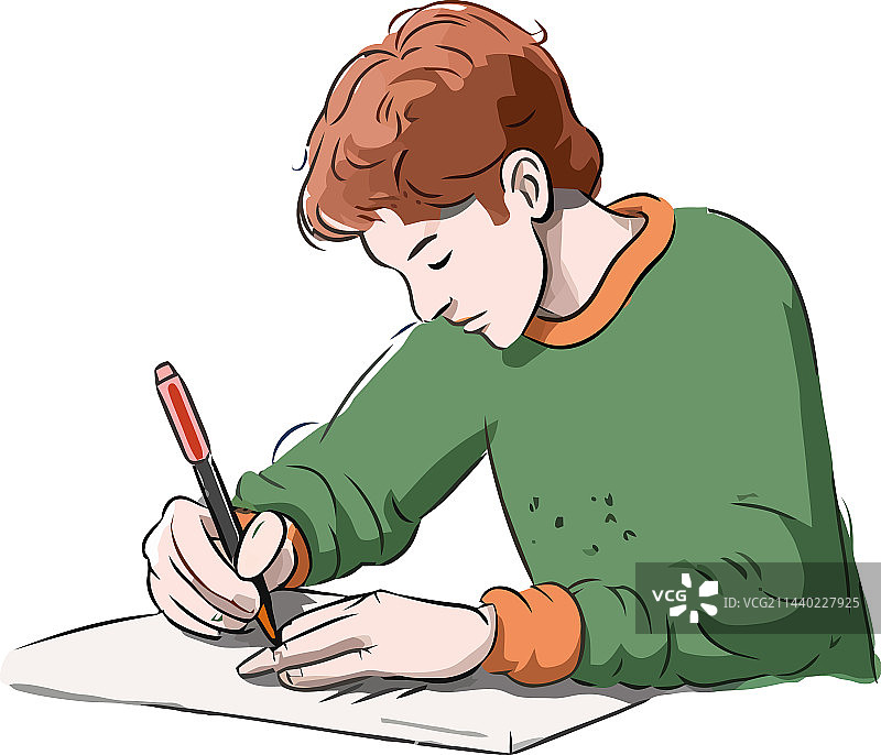 专心用铅笔的微笑小学生图片素材