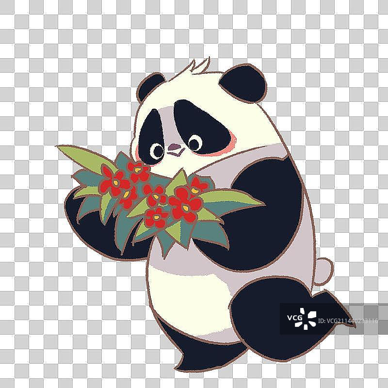 大熊猫插画表情包-抱着花很开心很喜欢图片素材