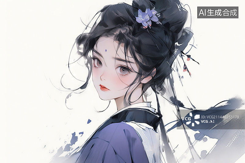 【AI数字艺术】古装古风水墨画少女图片素材