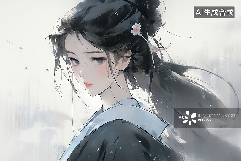 【AI数字艺术】古装古风水墨画少女图片素材