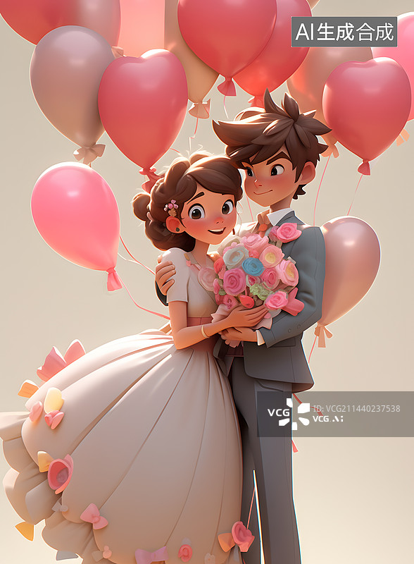 【AI数字艺术】两个人拥抱结婚卡通插画图片素材