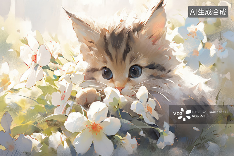 【AI数字艺术】花丛中的小猫咪图片素材