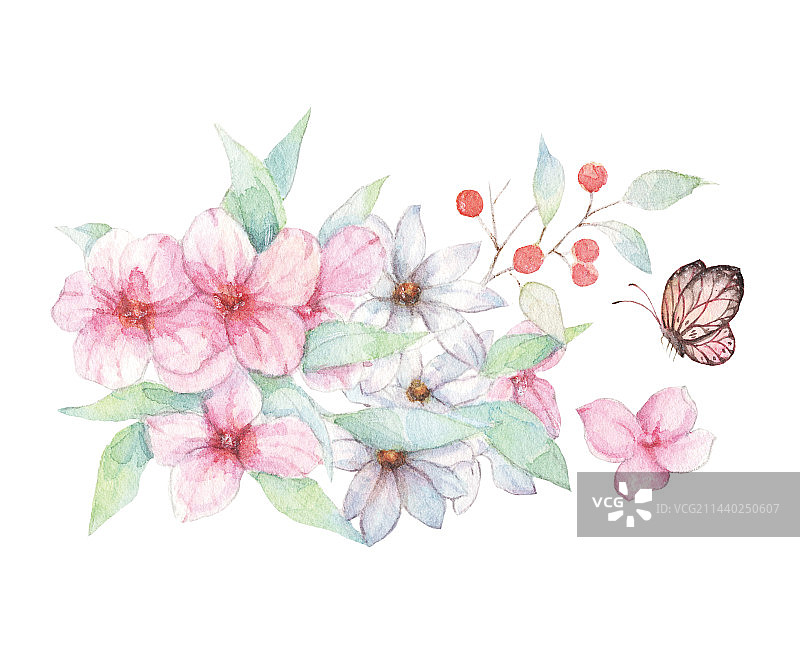水彩手绘清新小花丛和蝴蝶插画图片素材