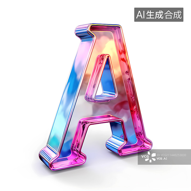 【AI数字艺术】大写字母A透明玻璃质感全息色彩三维立体元素图片素材
