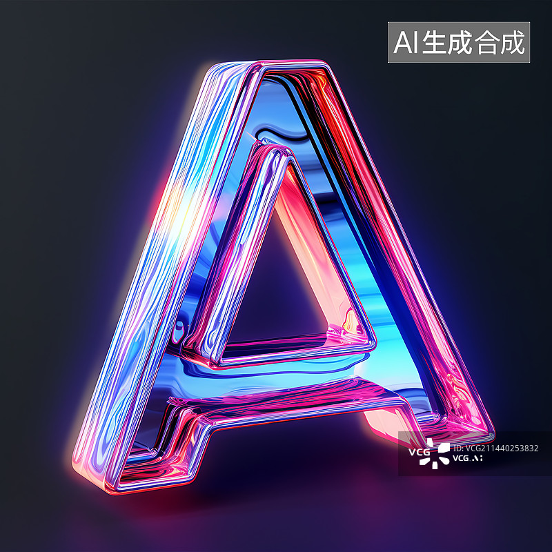 【AI数字艺术】大写字母A透明玻璃质感全息色彩三维立体元素图片素材
