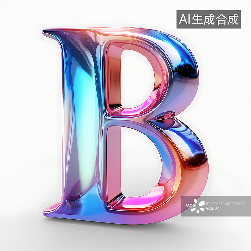 【AI数字艺术】大写字母B透明玻璃质感全息色彩三维立体元素图片素材