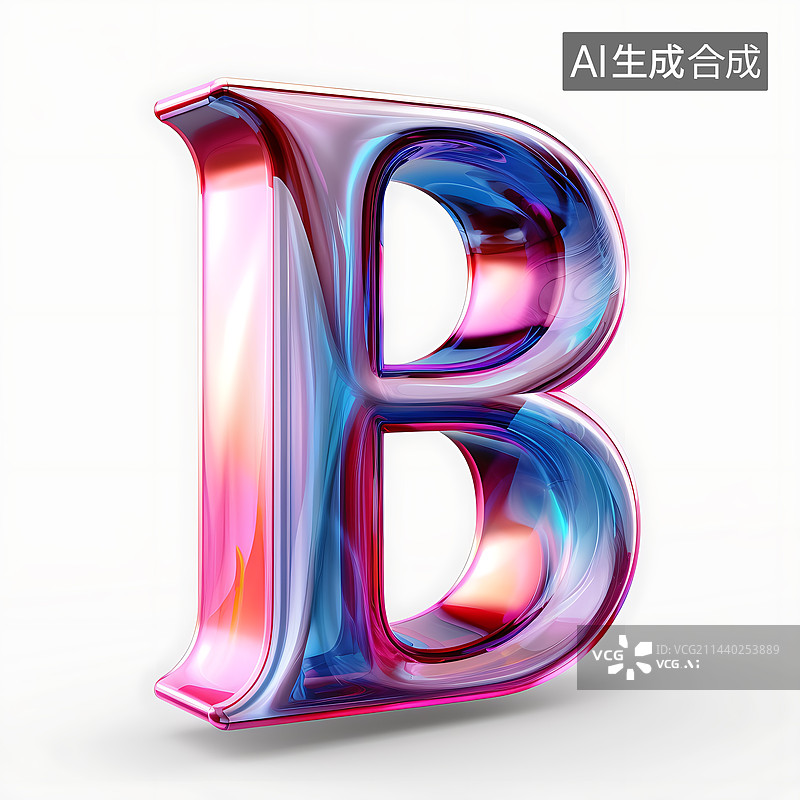 【AI数字艺术】大写字母B透明玻璃质感全息色彩三维立体元素图片素材