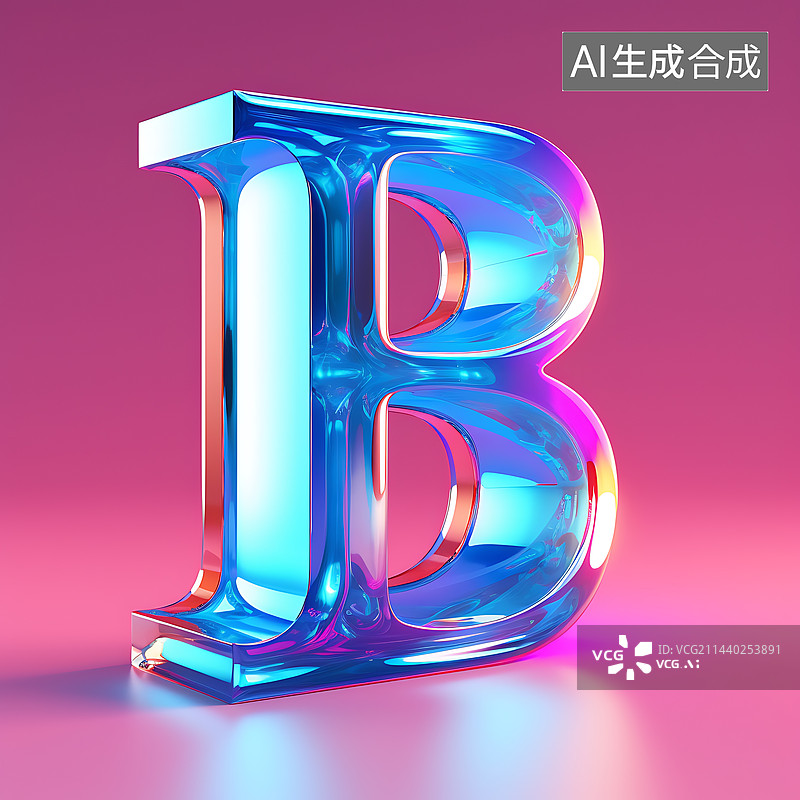 【AI数字艺术】大写字母B透明玻璃质感全息色彩三维立体元素图片素材