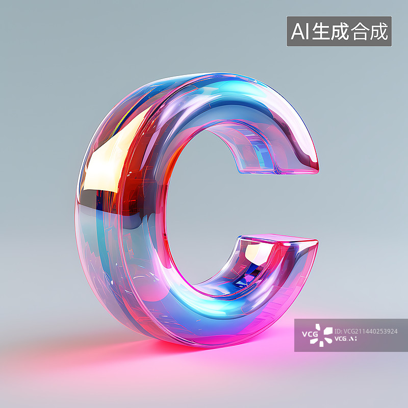 【AI数字艺术】大写字母C透明玻璃质感全息色彩三维立体元素图片素材