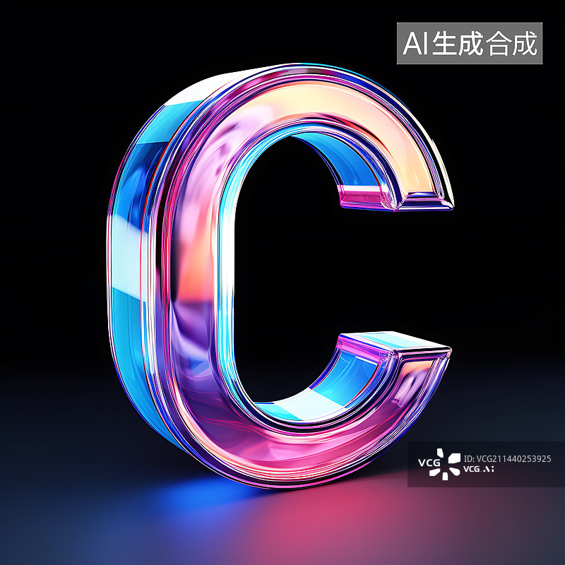 【AI数字艺术】大写字母C透明玻璃质感全息色彩三维立体元素图片素材