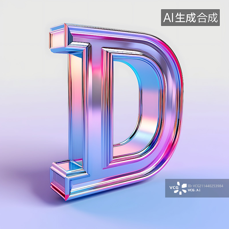 【AI数字艺术】大写字母D透明玻璃质感全息色彩三维立体元素图片素材