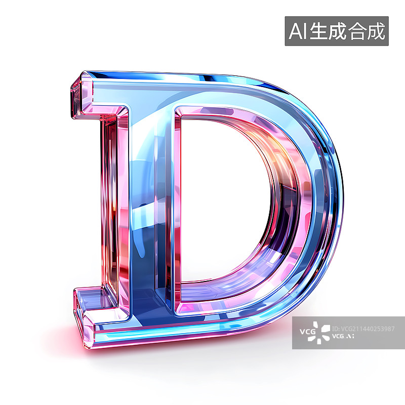 【AI数字艺术】大写字母D透明玻璃质感全息色彩三维立体元素图片素材