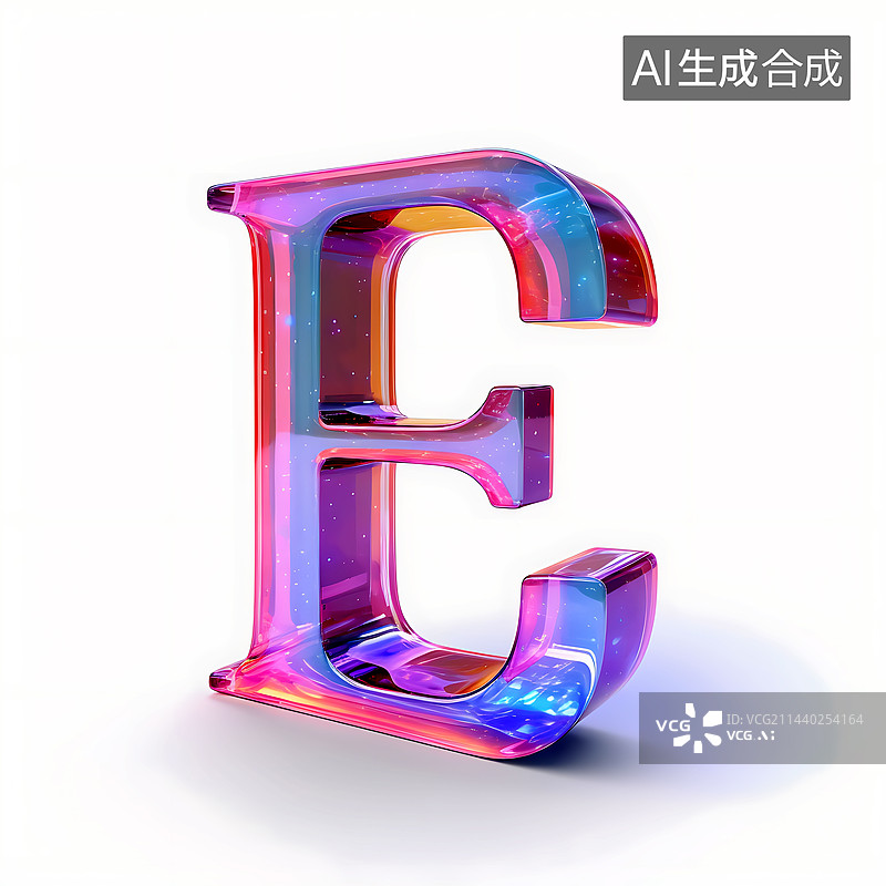 【AI数字艺术】大写字母E透明玻璃质感全息色彩三维立体元素图片素材