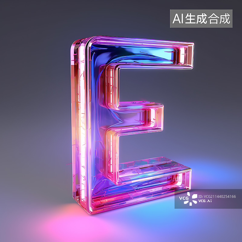 【AI数字艺术】大写字母E透明玻璃质感全息色彩三维立体元素图片素材