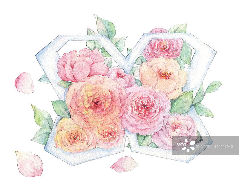 水彩手绘清新的玫瑰花和琉璃装饰艺术设计插画图片素材