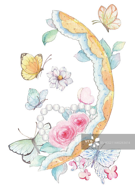 水彩手绘清新蔷薇月季彩蝶飞插画图片素材