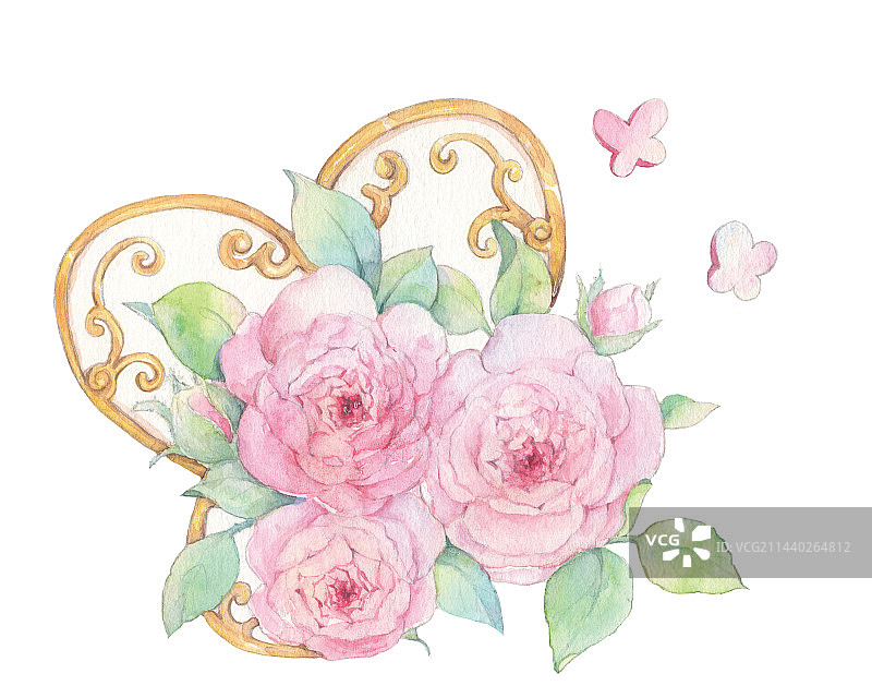 白色背景水彩手绘清新温柔粉色欧月金属花栏装饰杆设计插画图片素材