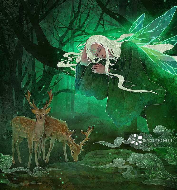 沉睡森林古风人物雄鹿插画图片素材