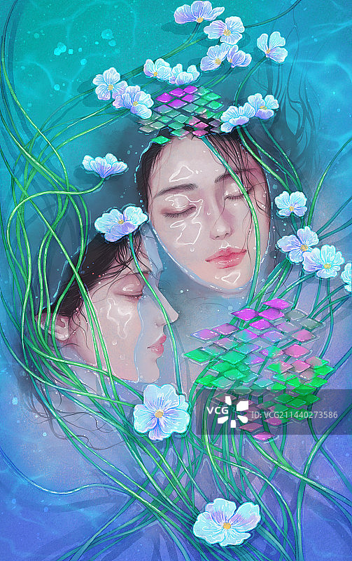双女性花卉水彩唯美插画图片素材