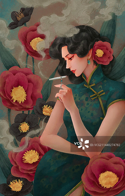 复古风美女花朵唯美插画图片素材