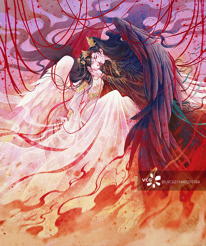 黑白翅膀双人古风虐恋故事华丽唯美插画图片素材