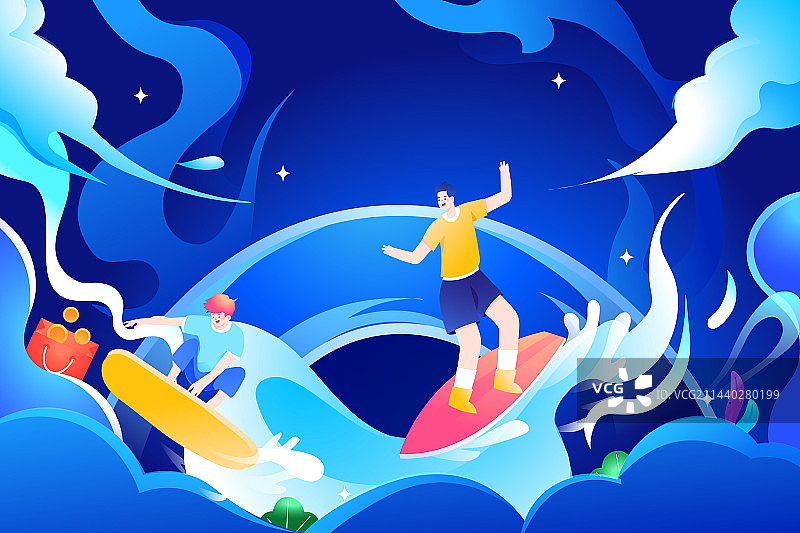 卡通夏季夏天冲浪运动情侣618双十一双十二狂欢节年终大促折扣购物节消费电商促销优惠活动渐变矢量插画图片素材