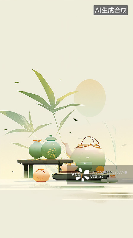 【AI数字艺术】淡绿色清新淡雅植物竹子背景下的传统节日装饰，桌子瓷器陶瓷竹子图片素材