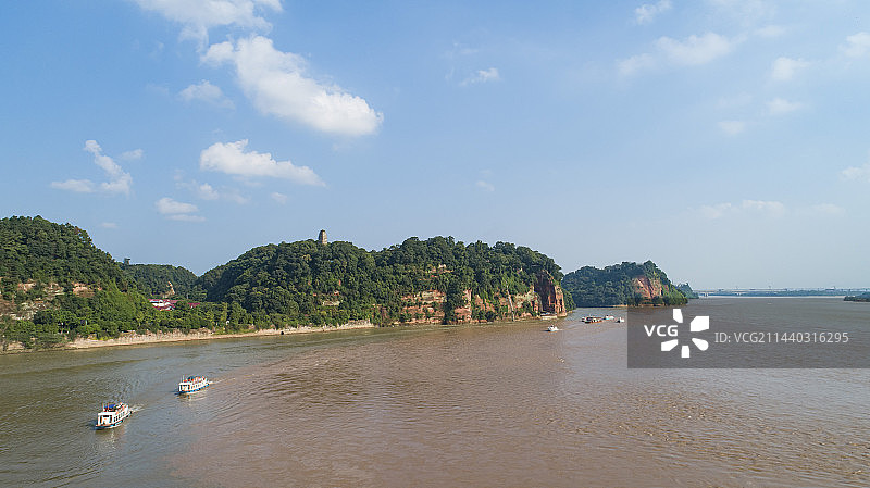 乐山市世界文化遗产乐山大佛、凌云山、岷江航拍图图片素材