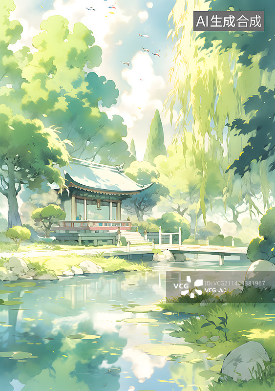【AI数字艺术】在湖上的亭子水彩插画图片素材