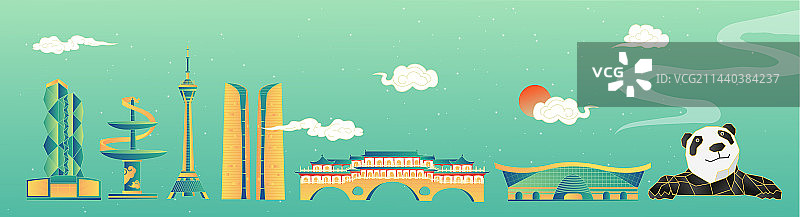 中国风复古绿色成都标志性旅游城市打卡点矢量插画建筑图片素材