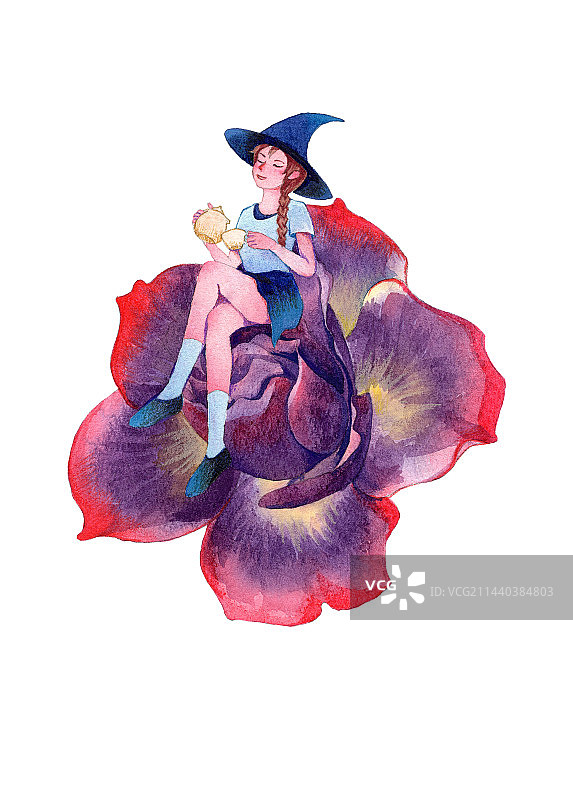 花上坐着喝茶的女孩水彩插画图片素材