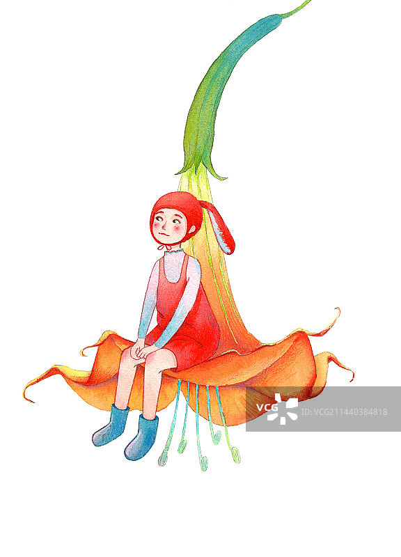 坐在花朵上的女孩手绘水彩插画图片素材