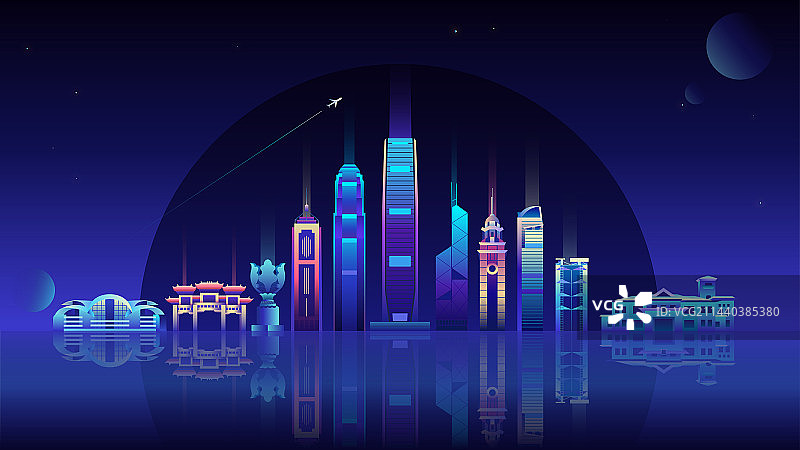 炫彩霓虹香港城市夜景矢量插画图片素材