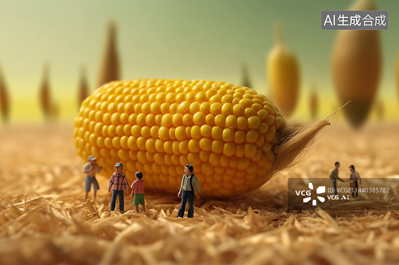 【AI数字艺术】微缩世界工人在搬运玉米，农民丰收插画图片素材