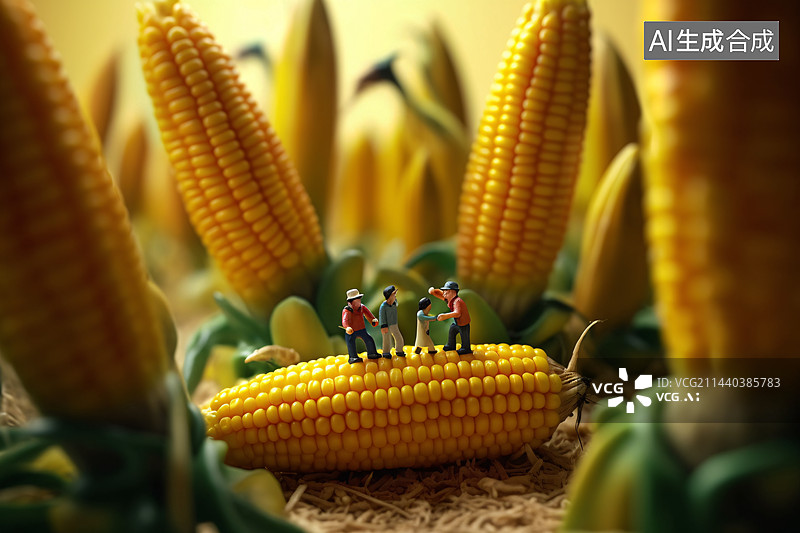 【AI数字艺术】微缩世界工人在搬运玉米，农民丰收插画图片素材