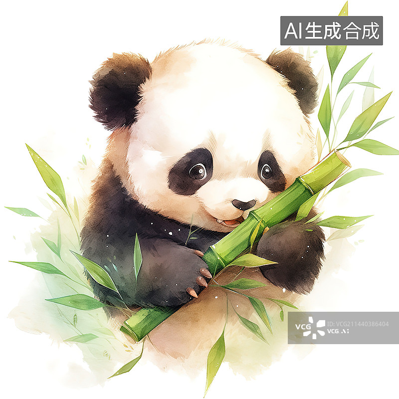 【AI数字艺术】大熊猫吃竹子水彩插画图片素材