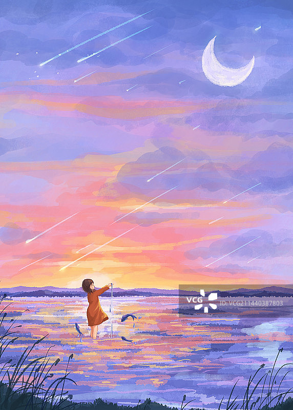 女孩和小鱼插画图片素材