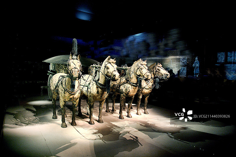 西安秦兵马俑博物馆神马馆里展示的秦马俑图片素材