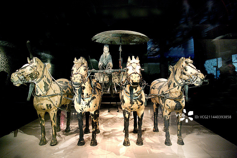 西安秦兵马俑博物馆神马馆里展示的秦马俑图片素材