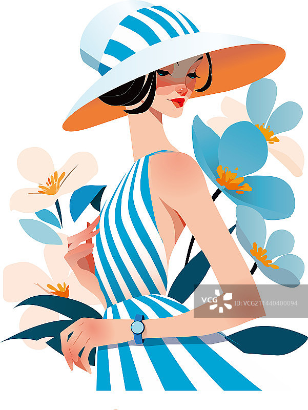 矢量插画蓝色条纹女孩花朵背景图片素材