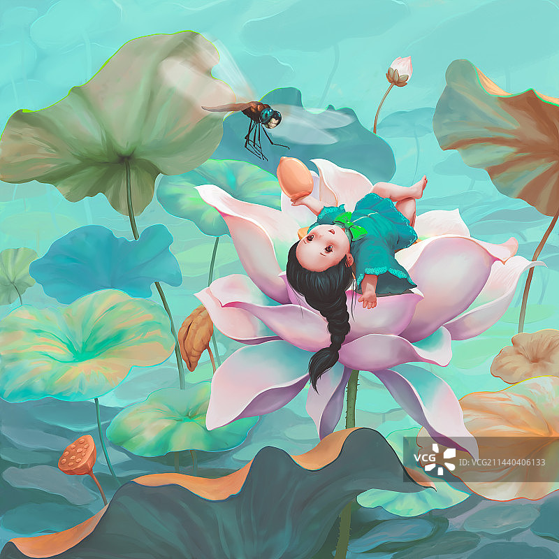 夏季小女孩玩耍莲花池荷花荷叶立夏处暑暑假节气蜻蜓图片素材