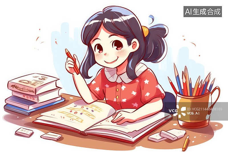【AI数字艺术】学生开心地写着作业图片素材