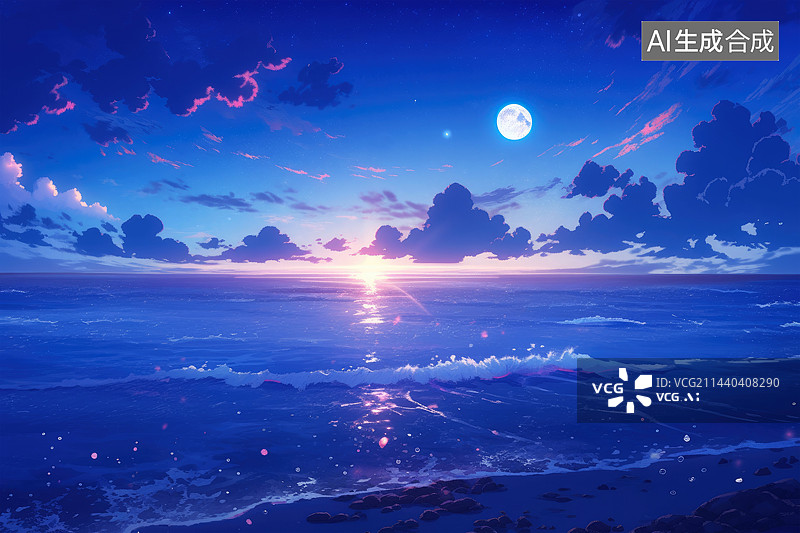 【AI数字艺术】唯美动漫夜景海边场景图片素材