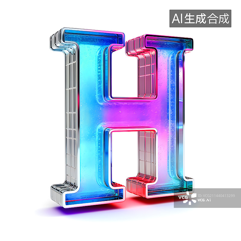 【AI数字艺术】大写字母H透明玻璃质感全息色彩三维立体元素图片素材