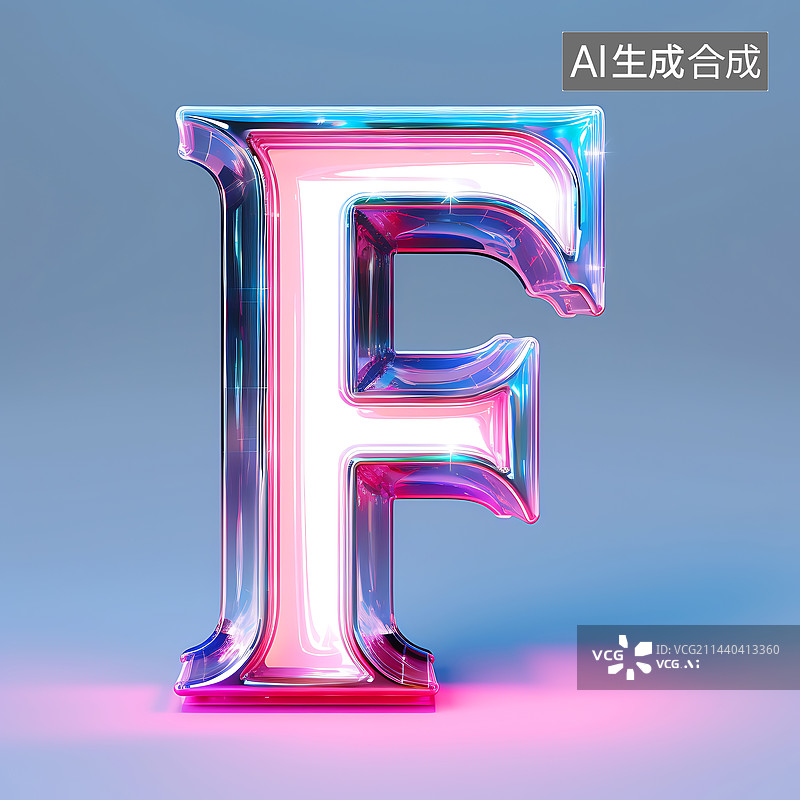 【AI数字艺术】大写字母F透明玻璃质感全息色彩三维立体元素图片素材