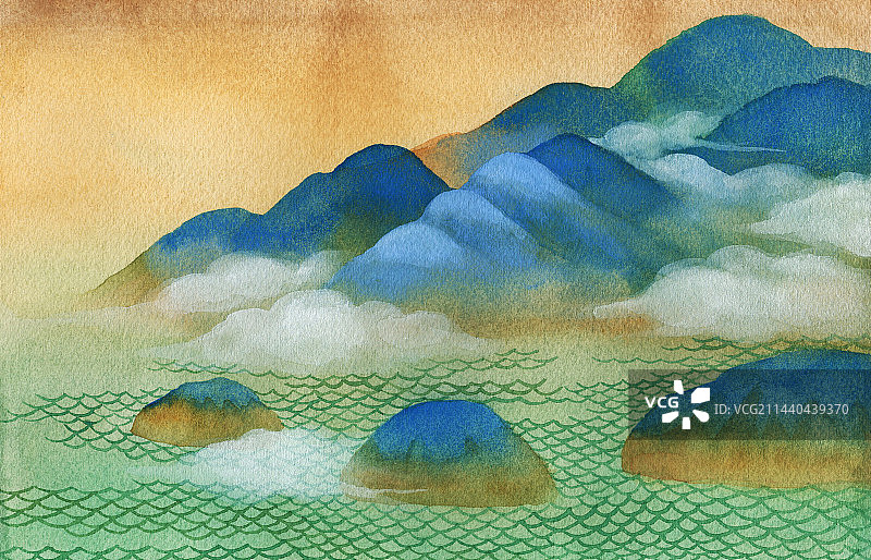 复古青绿山水图图片素材