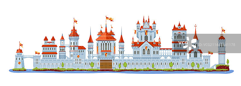 骑士、石头城堡和堡垒大门塔楼图片素材