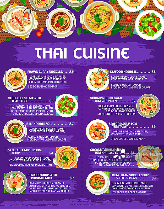 泰式料理菜单：泰国菜、面条和汤图片素材